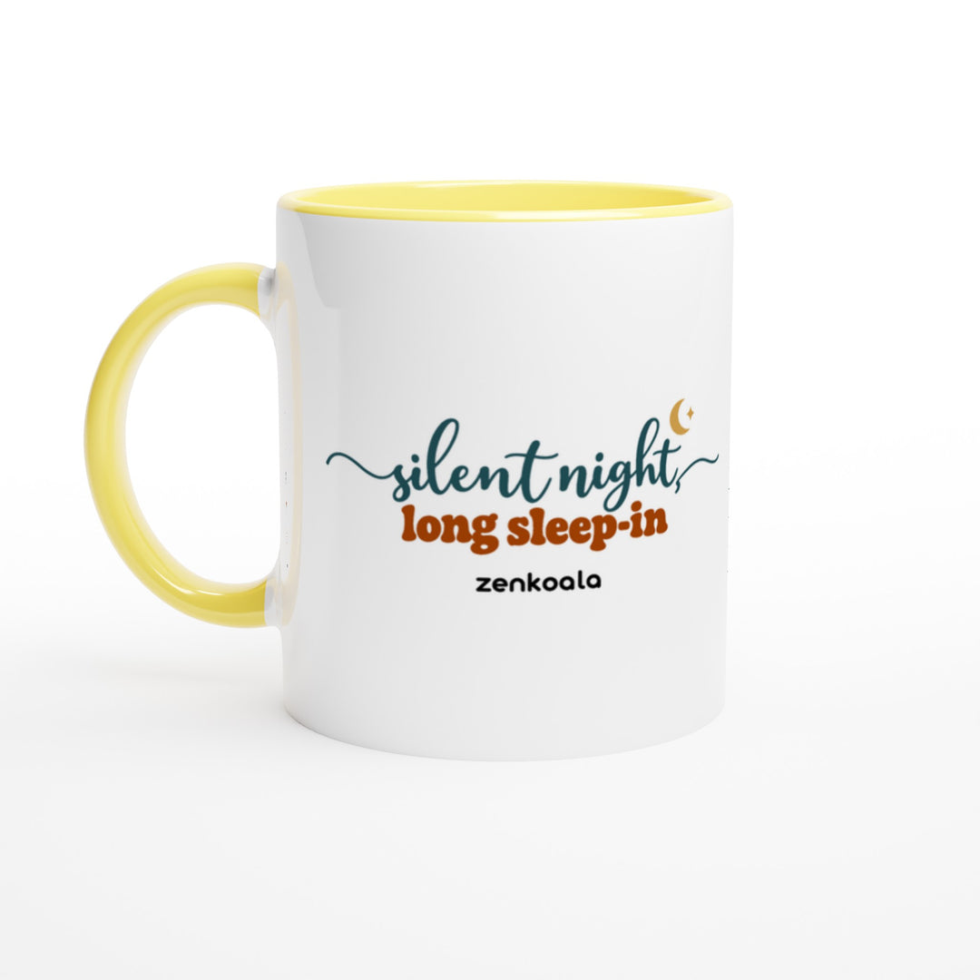 Silent Night Long Sleep-In mug in yellow: white with a yellow rim, inside and handle, Zen Koala Australia