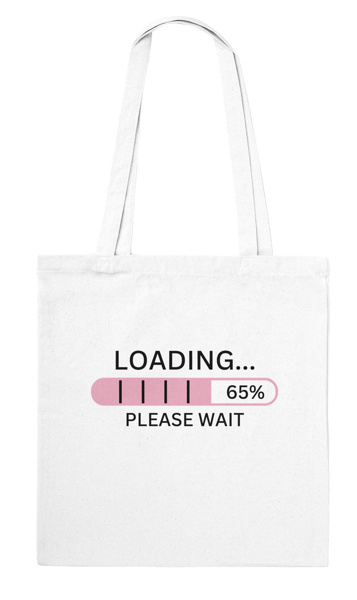 Loading feel-good tote bag in white: a progress bar stuck at 65%, Zen Koala Australia