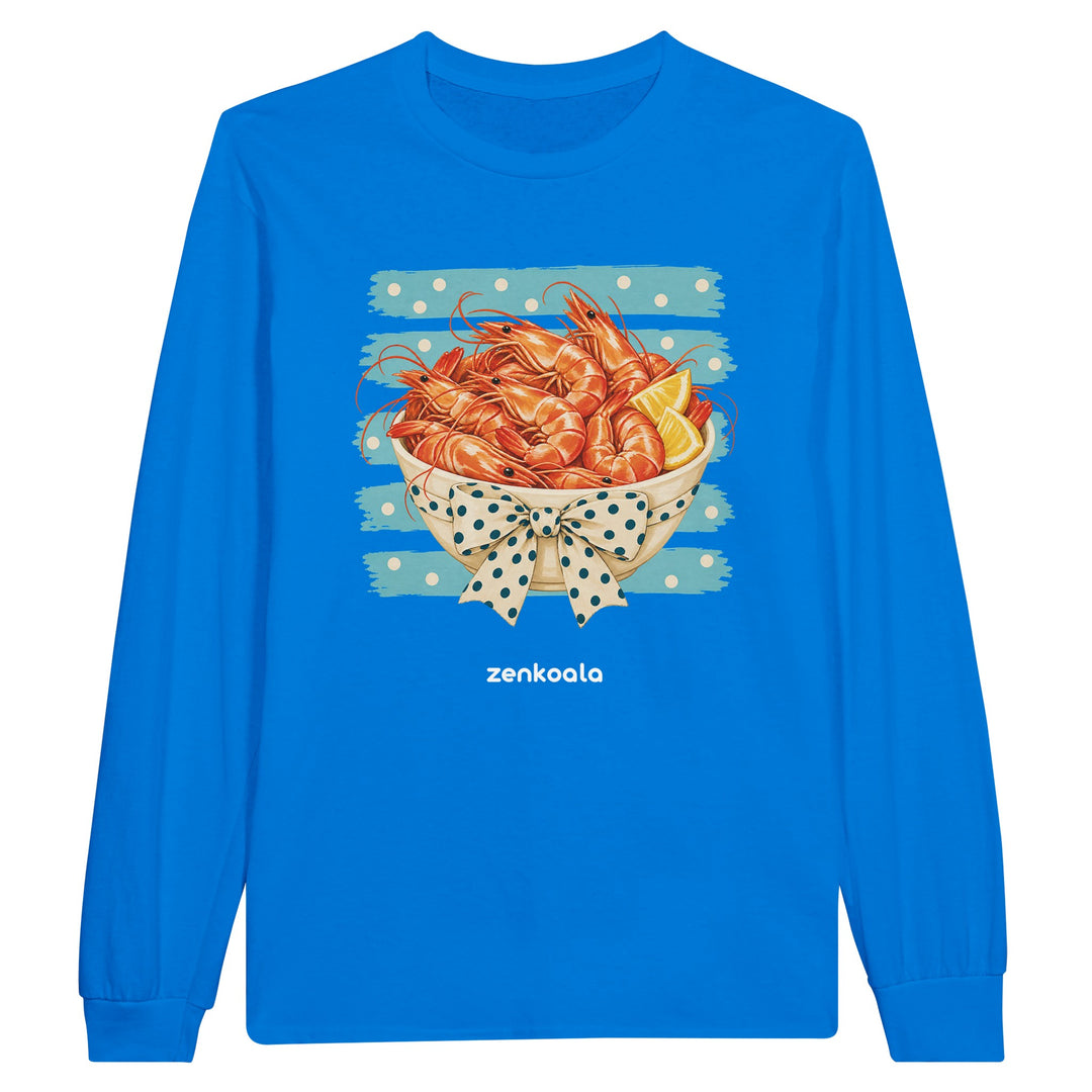 Prawns feel-good long sleeve tee in royal: a bowl of prawns with a bow, Zen Koala Australia