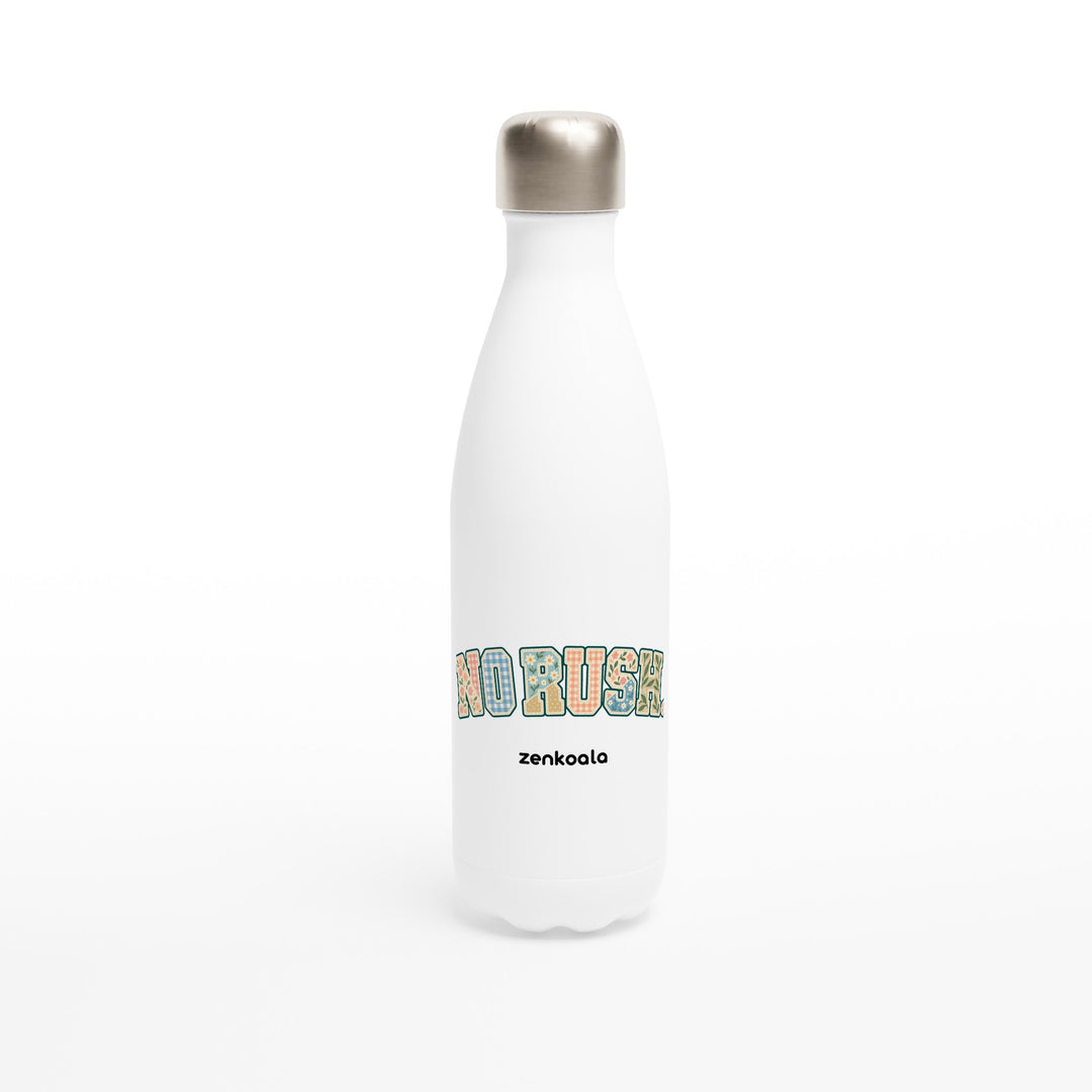 No Rush Faux Patchwork feel-good water bottle: soft faux patchwork letters with florals and gingham, Zen Koala Australia