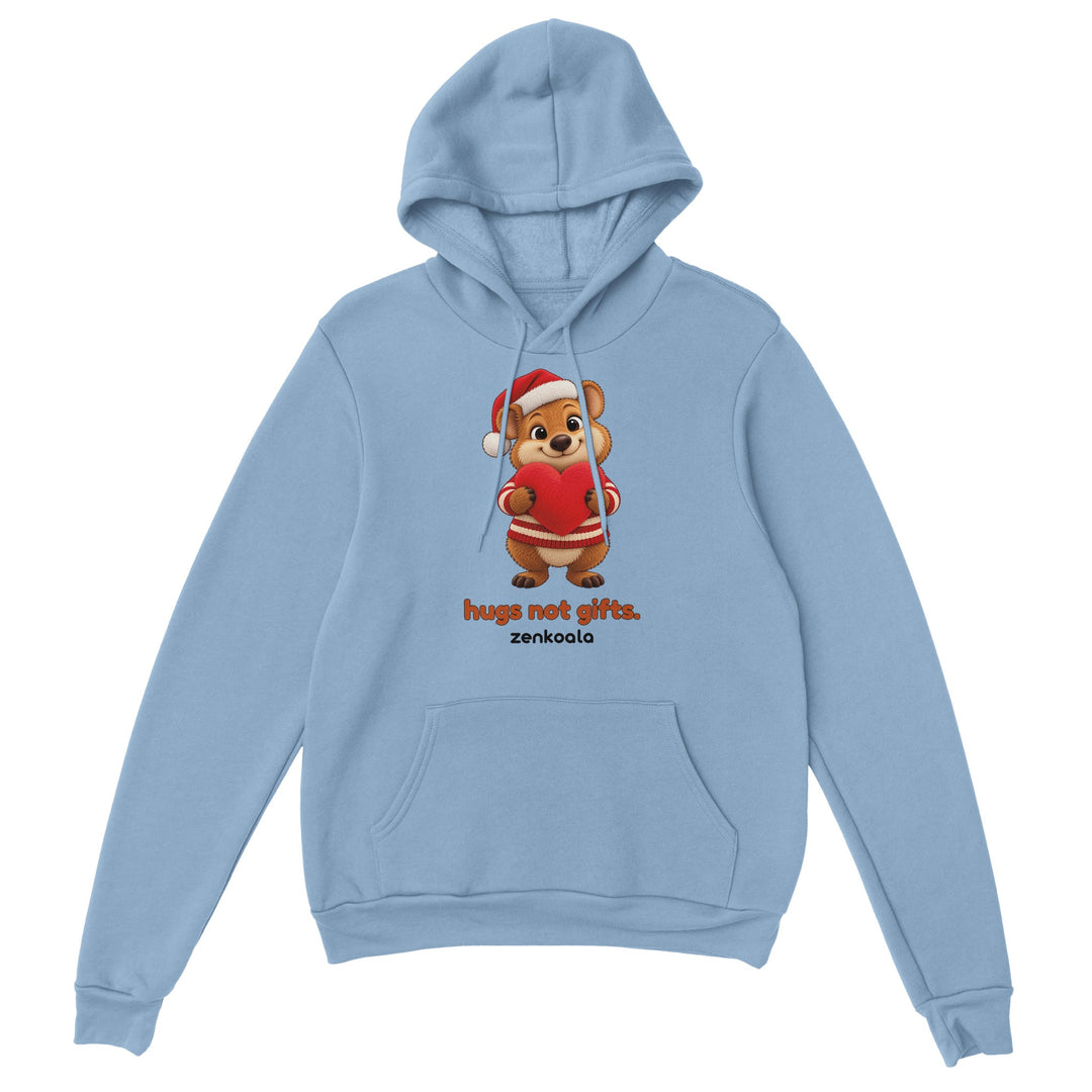 Hugs Not Gifts feel-good hoodie in light blue, Zen Koala Australia