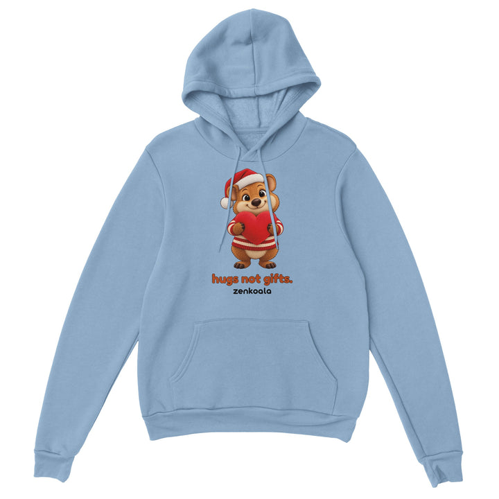 Hugs Not Gifts feel-good hoodie in light blue, Zen Koala Australia