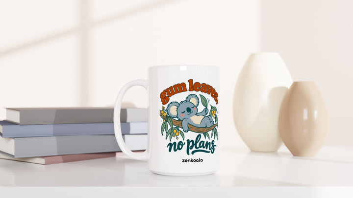 Gum Leaves No Plans 15oz mug beside books and vases, Zen Koala Australia