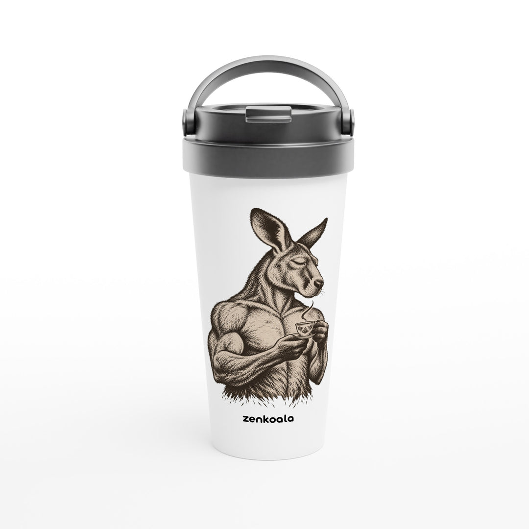 Buff Roo Teacup feel-good travel mug: a muscly kangaroo sipping tea, Zen Koala Australia