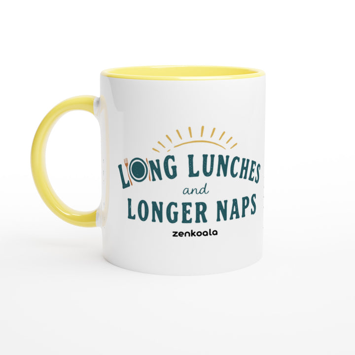 Long Lunches and Longer Naps mug in yellow: white with a yellow rim, inside and handle, Zen Koala Australia