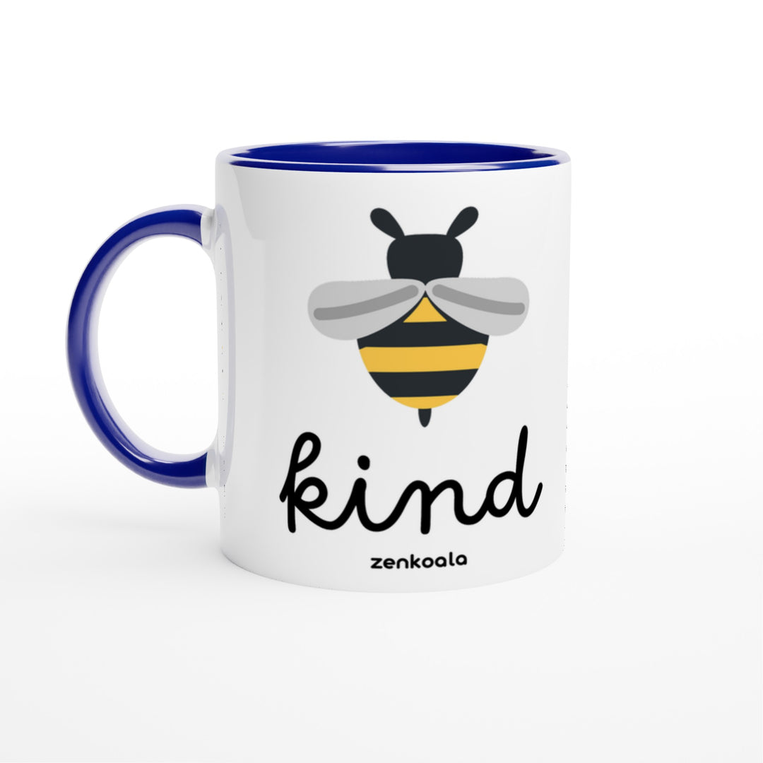 Bee Kind mug in blue: white with a blue rim, inside and handle, Zen Koala Australia