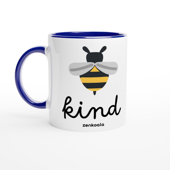 Bee Kind mug in blue: white with a blue rim, inside and handle, Zen Koala Australia