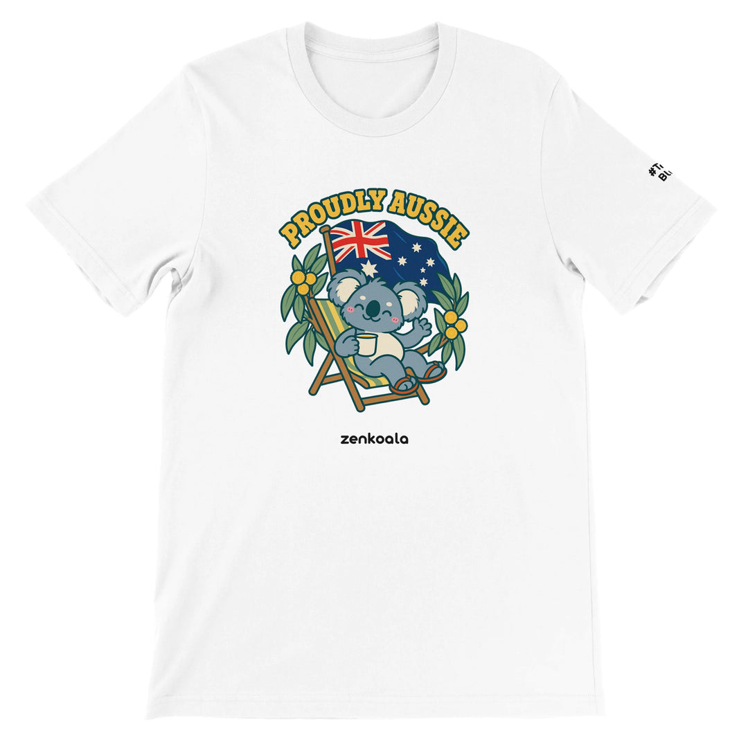 Proudly Aussie feel-good tee in white: a koala in a beach chair under the Australian flag, Zen Koala Australia