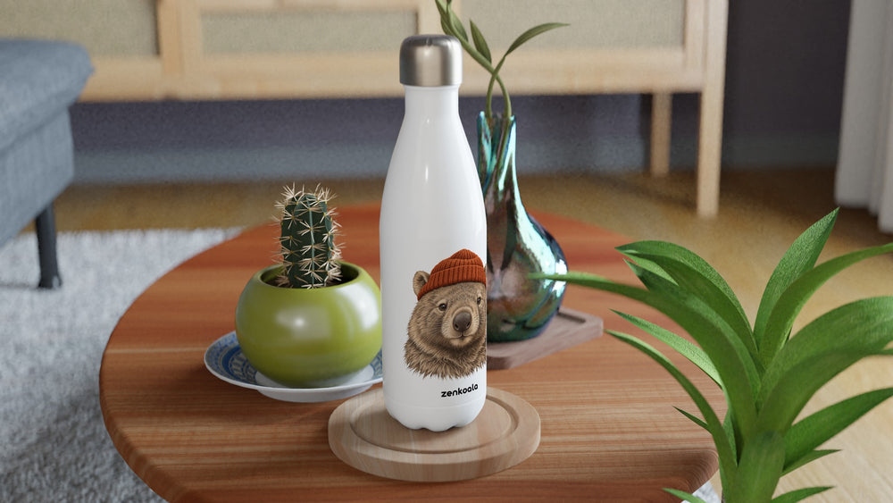 Wombat Beanie water bottle on a wooden table with a cactus, Zen Koala Australia