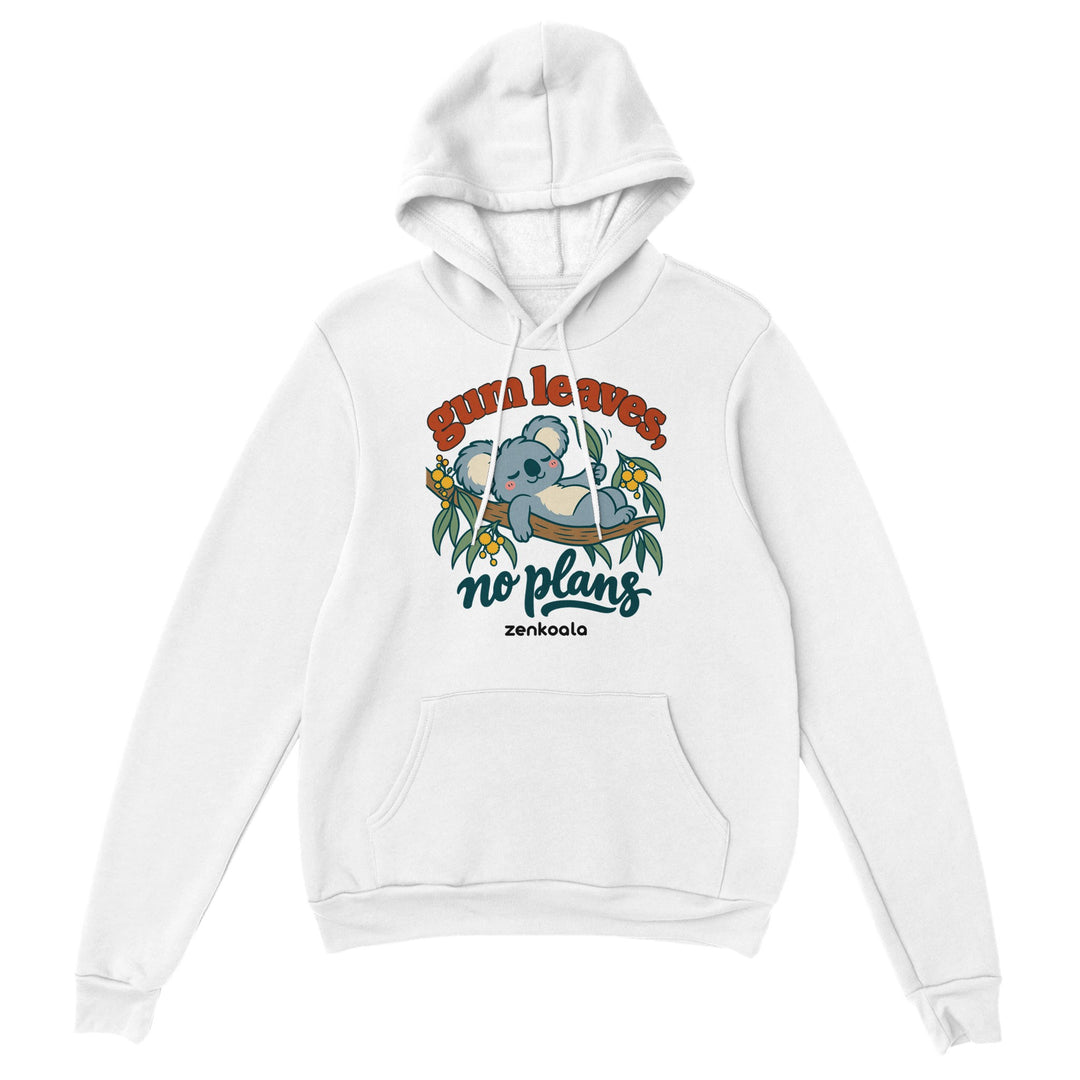 Gum Leaves No Plans feel-good hoodie in white, Zen Koala Australia