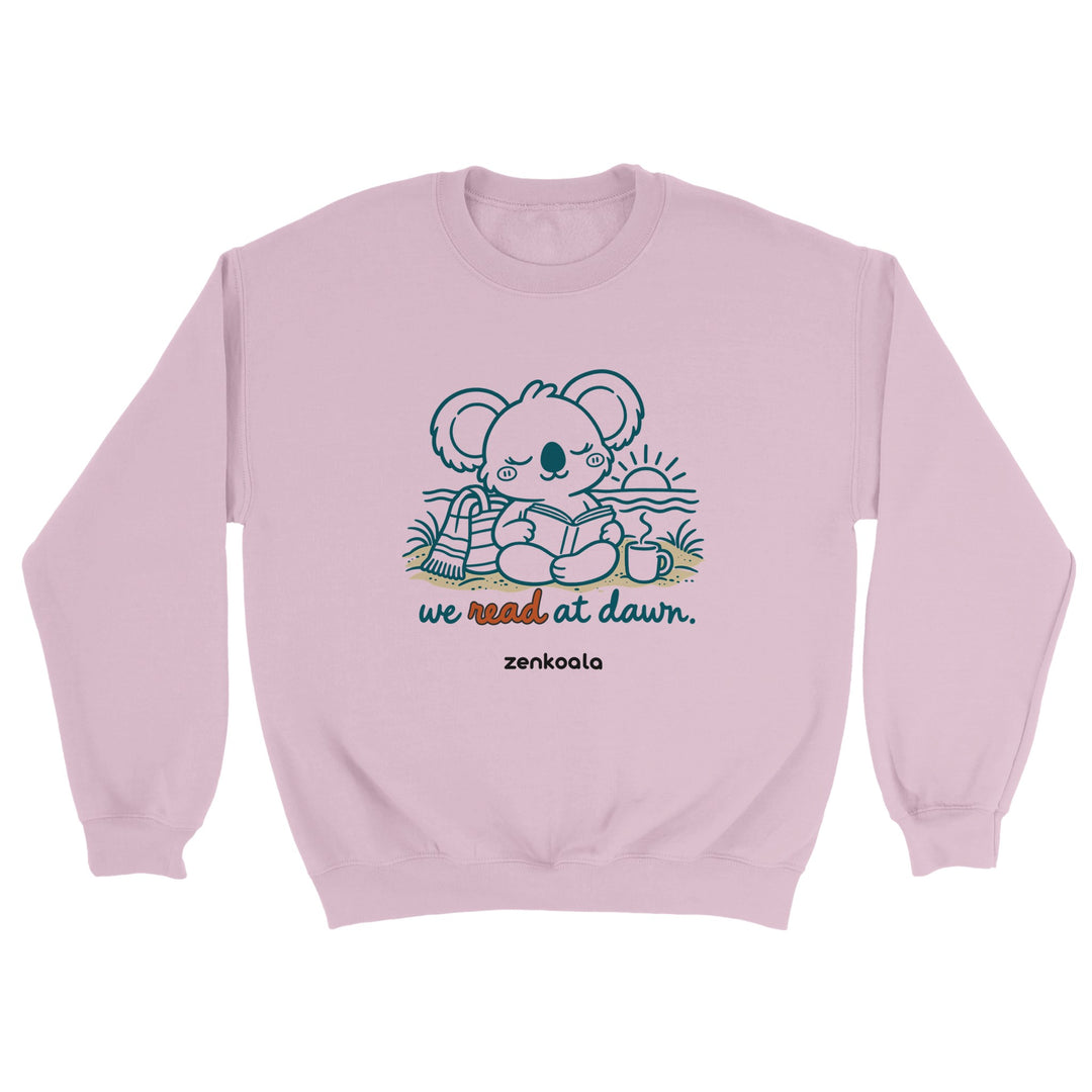 We Read at Dawn feel-good sweatshirt in light pink, Zen Koala Australia