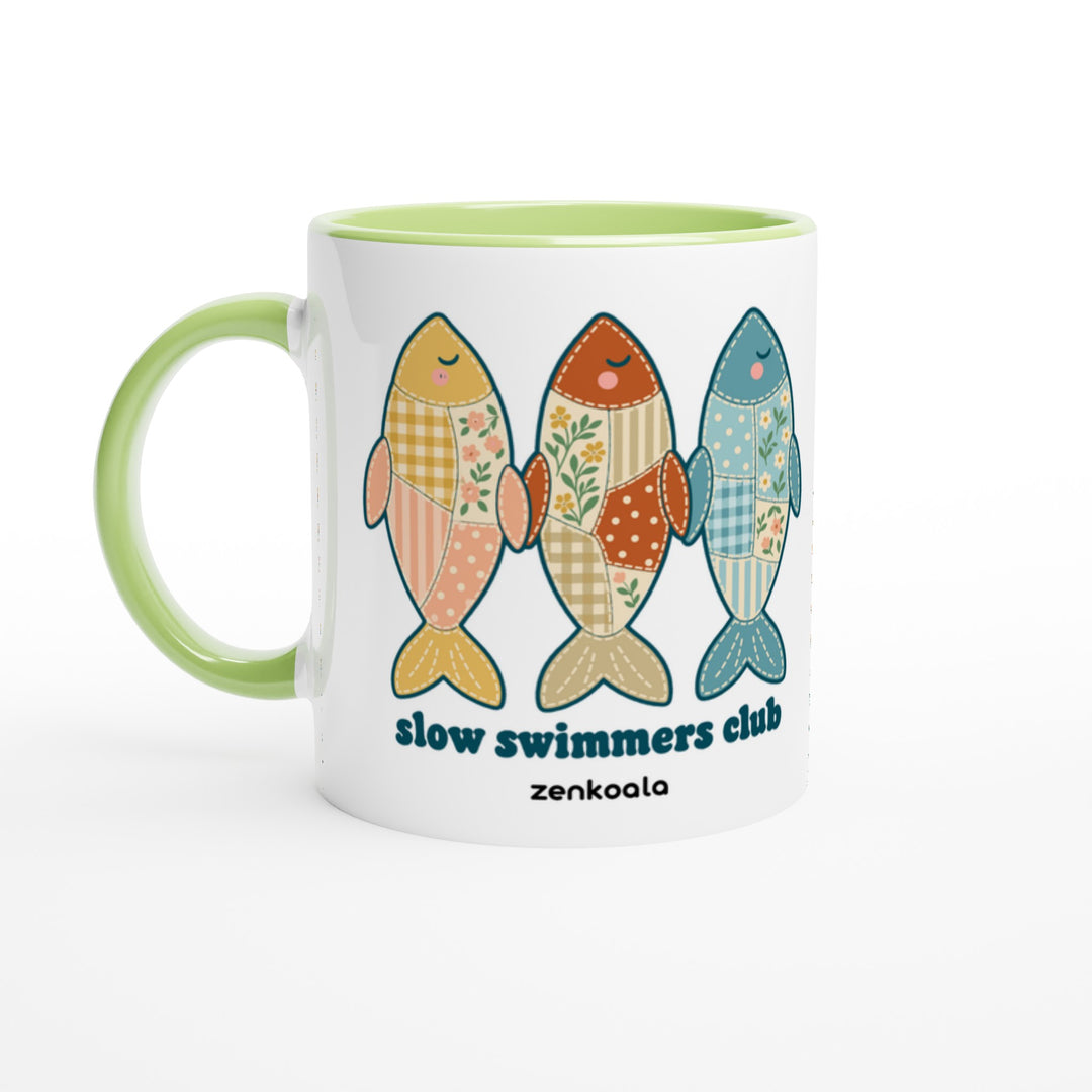 Slow Swimmers Club mug in green: white with a green rim, inside and handle, Zen Koala Australia