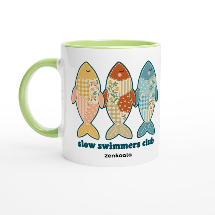 Slow Swimmers Club mug in green: white with a green rim, inside and handle, Zen Koala Australia
