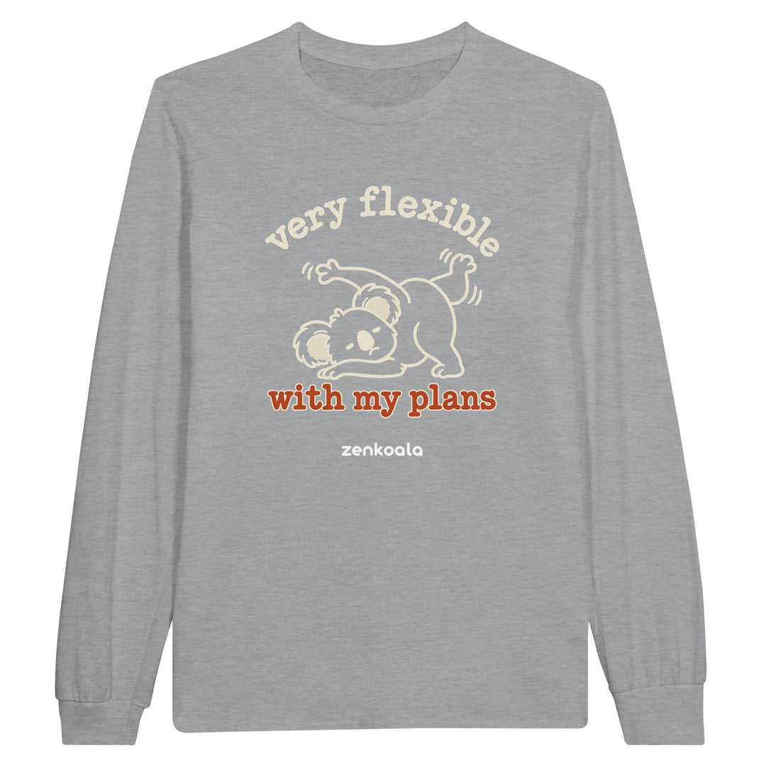 Very Flexible With My Plans feel-good long sleeve tee in sports grey, Zen Koala Australia