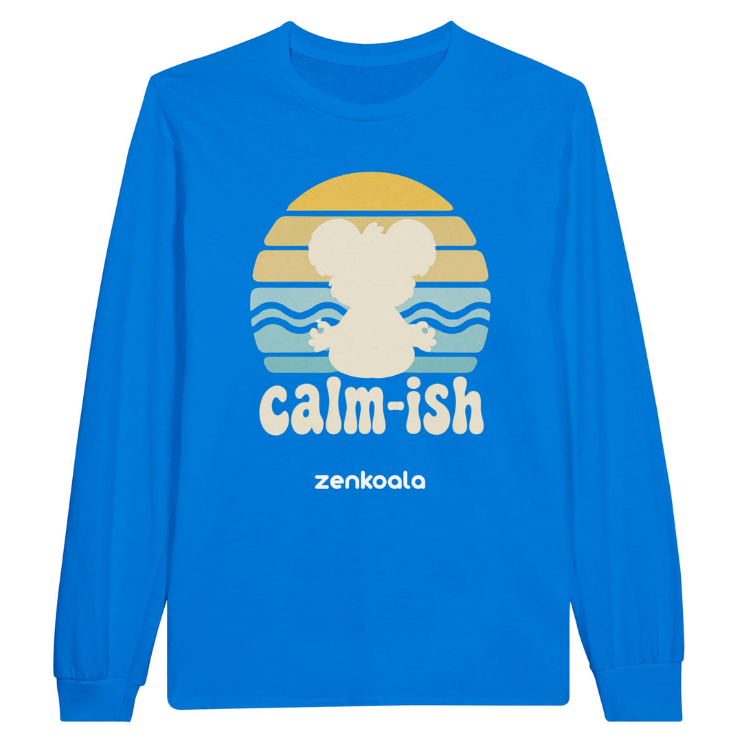 Calm-ish long sleeve tee in royal — a meditating koala silhouette against a retro 70s sunset, Zen Koala Australia