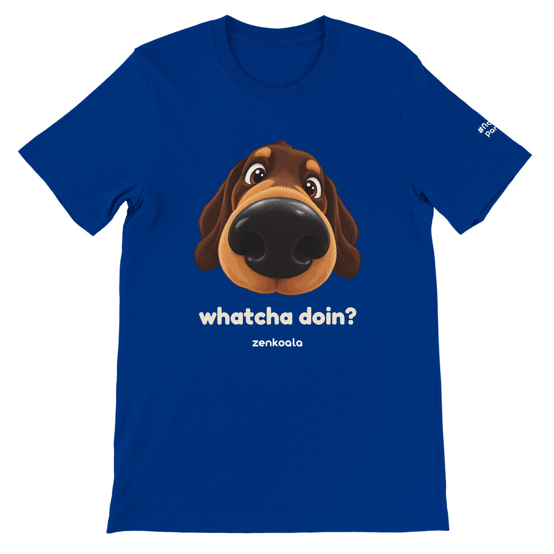 Whatcha Doin? feel-good tee in true royal, Zen Koala Australia