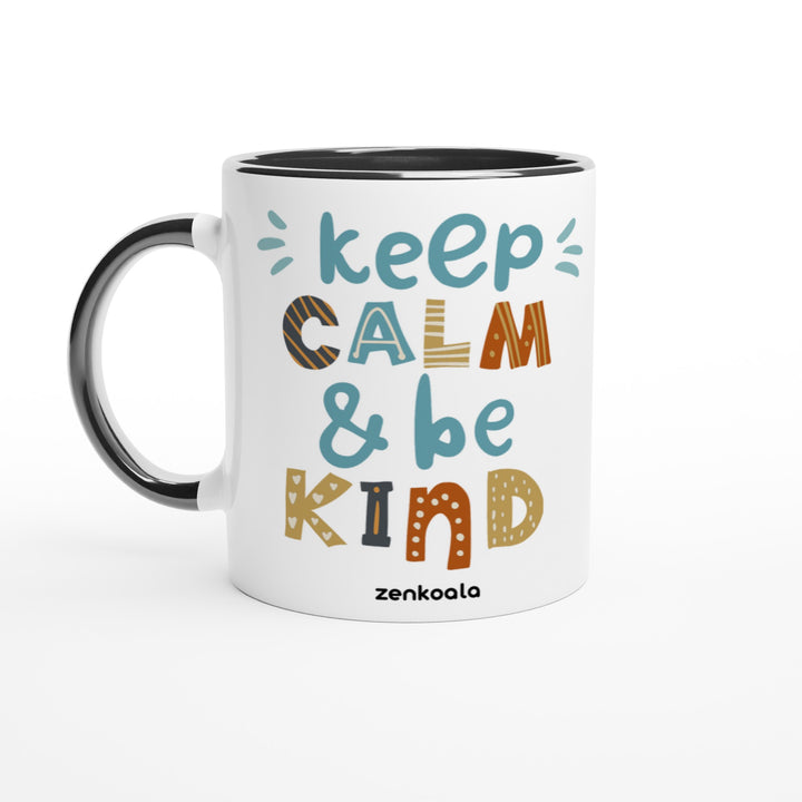 Keep Calm, Be Kind mug in black: white with a black rim, inside and handle, Zen Koala Australia