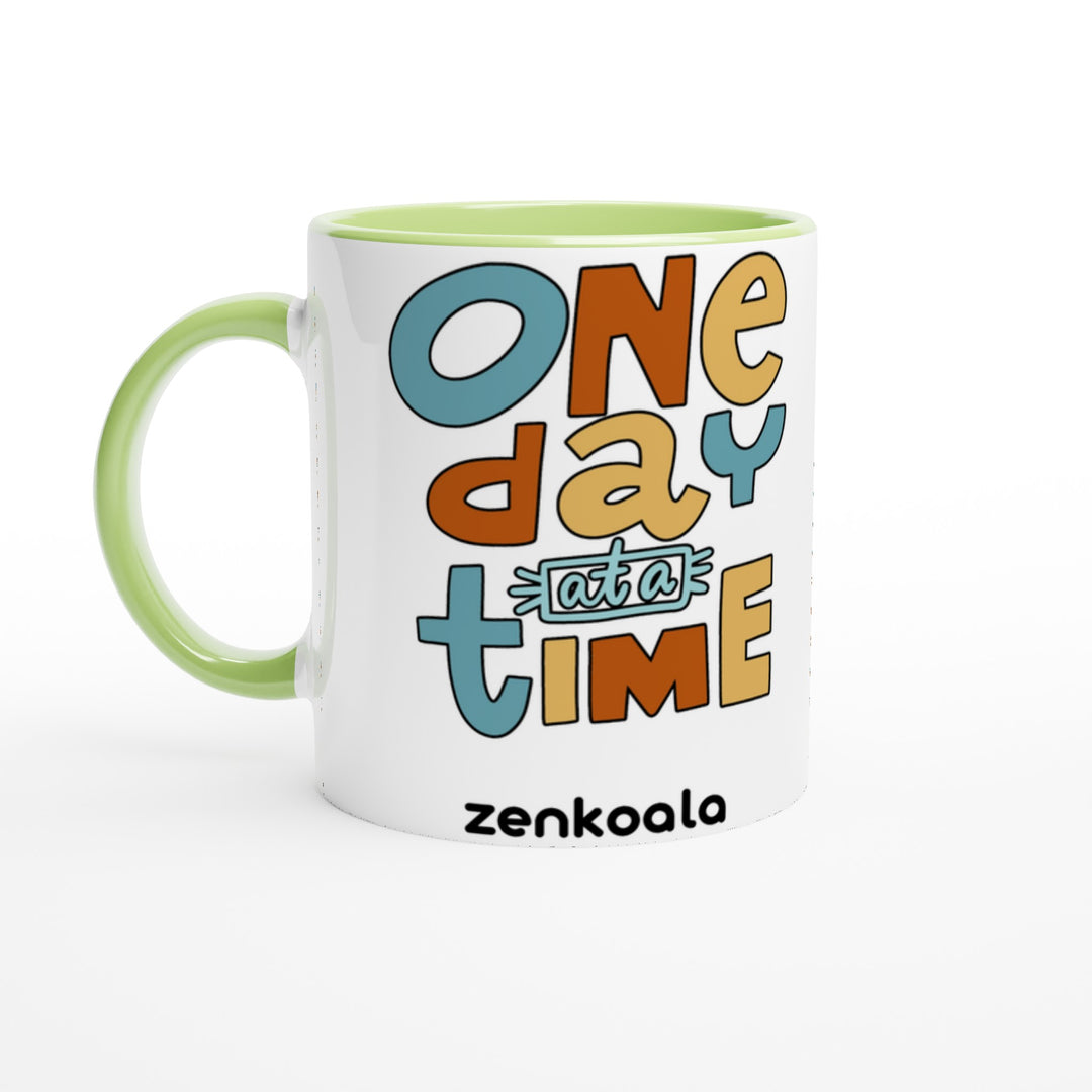 One Day at a Time mug in green: white with a green rim, inside and handle, Zen Koala Australia