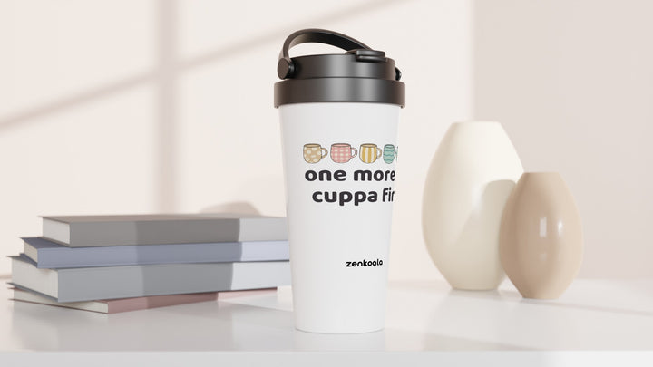 One More Cuppa First travel mug beside books and vases, Zen Koala Australia