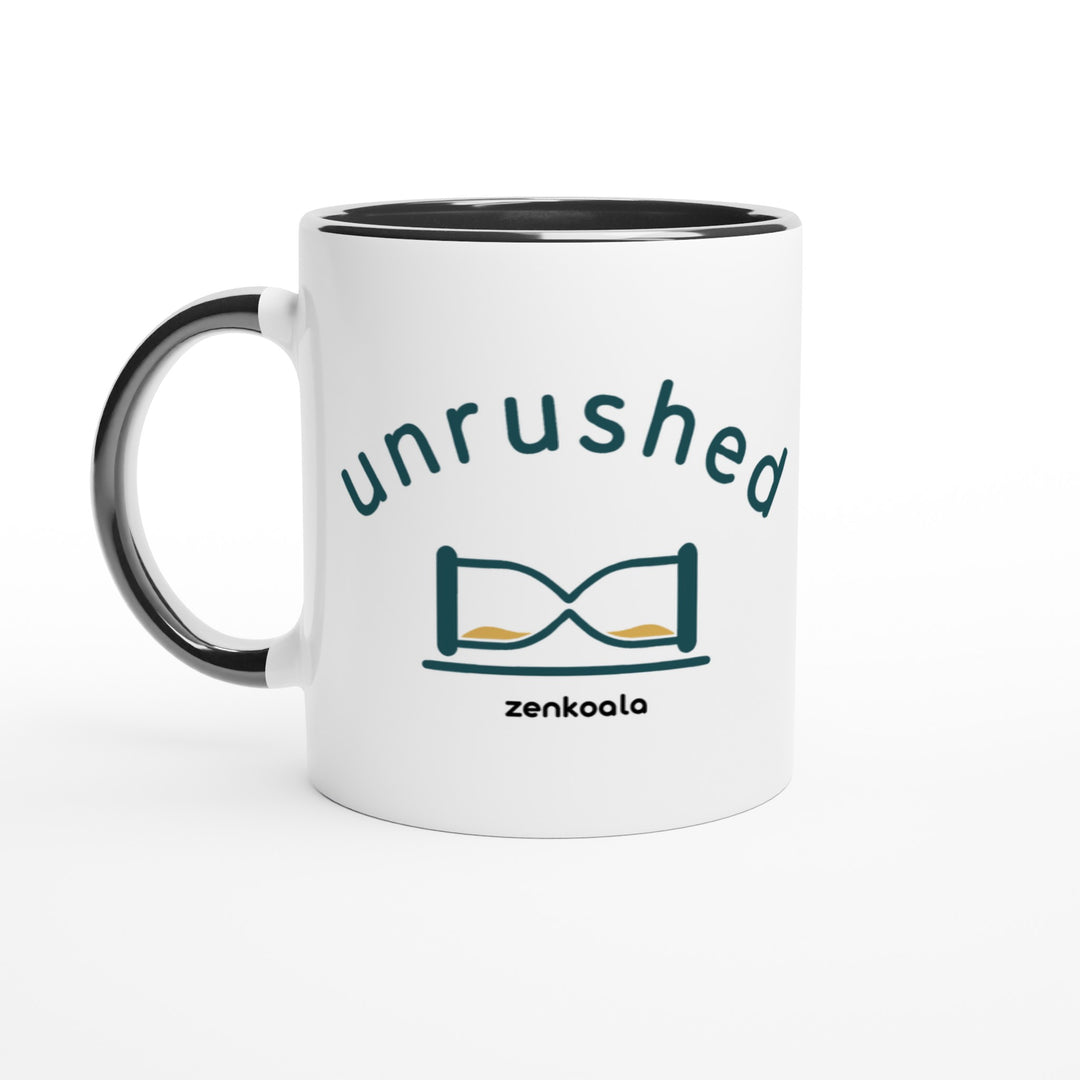 Unrushed mug in black: white with a black rim, inside and handle, Zen Koala Australia