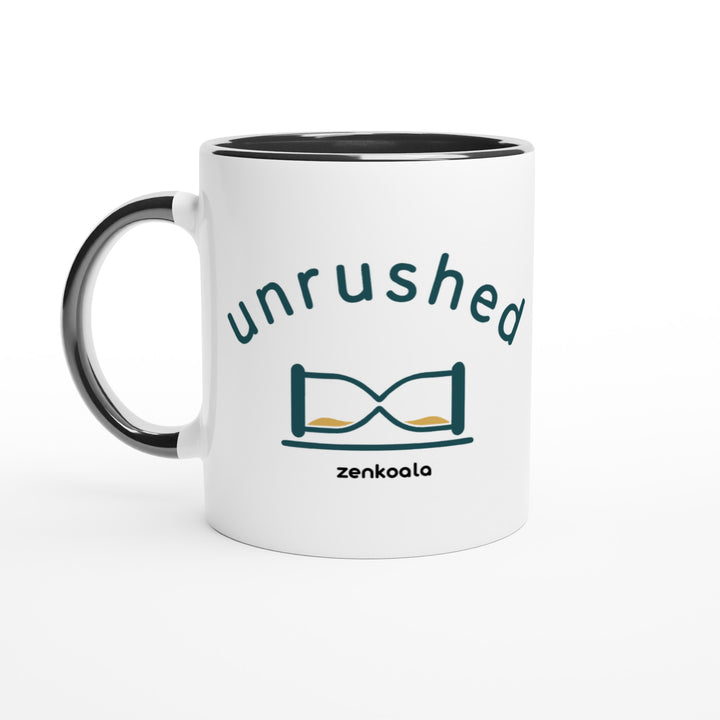 Unrushed mug in black: white with a black rim, inside and handle, Zen Koala Australia