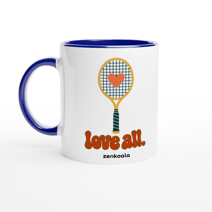 Love All mug in blue: white with a blue rim, inside and handle, Zen Koala Australia