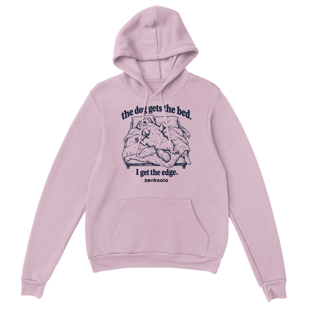 The Dog Gets the Bed feel-good hoodie in light pink, Zen Koala Australia