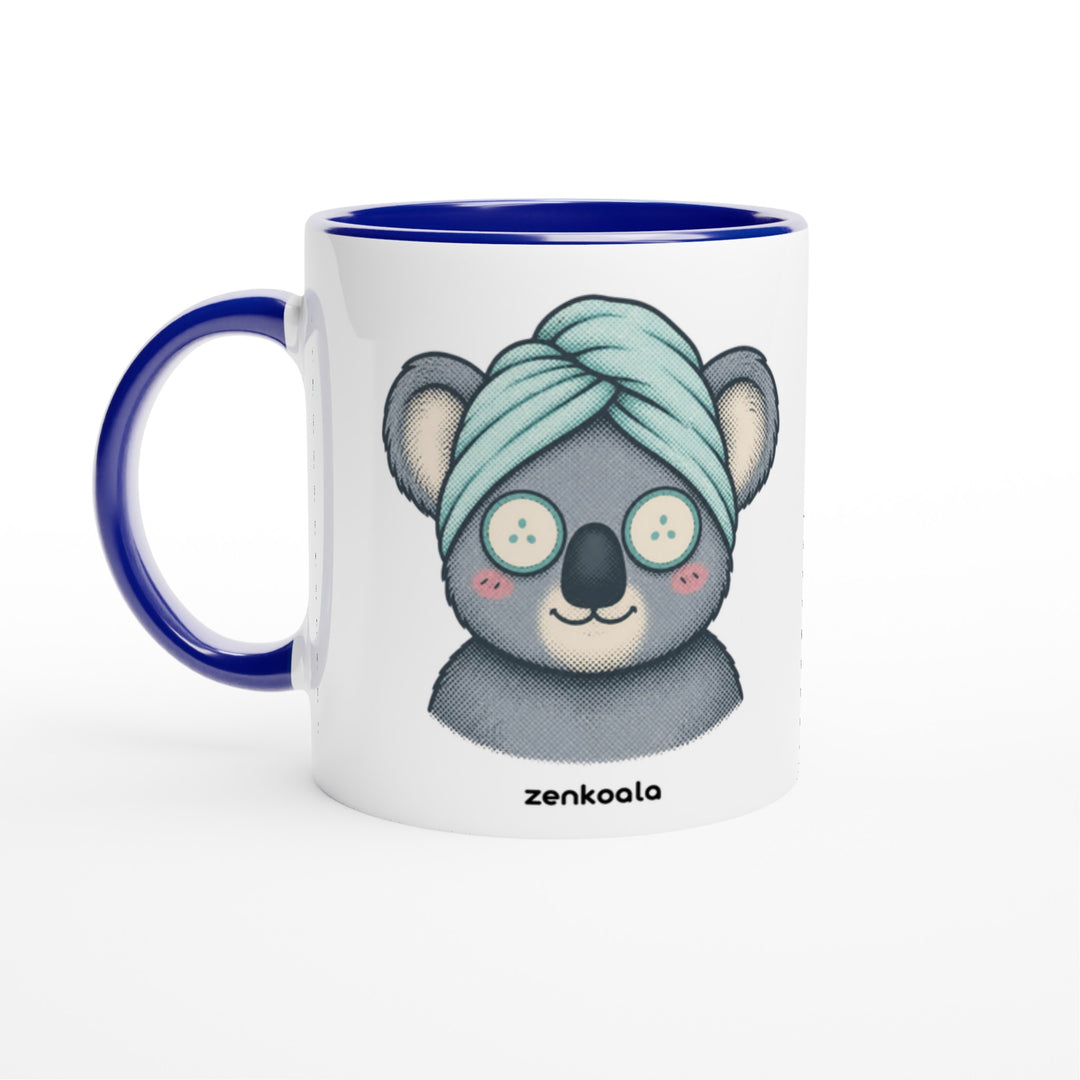 Koala Spa Day mug in blue: white with a blue rim, inside and handle, Zen Koala Australia