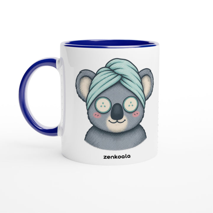 Koala Spa Day mug in blue: white with a blue rim, inside and handle, Zen Koala Australia