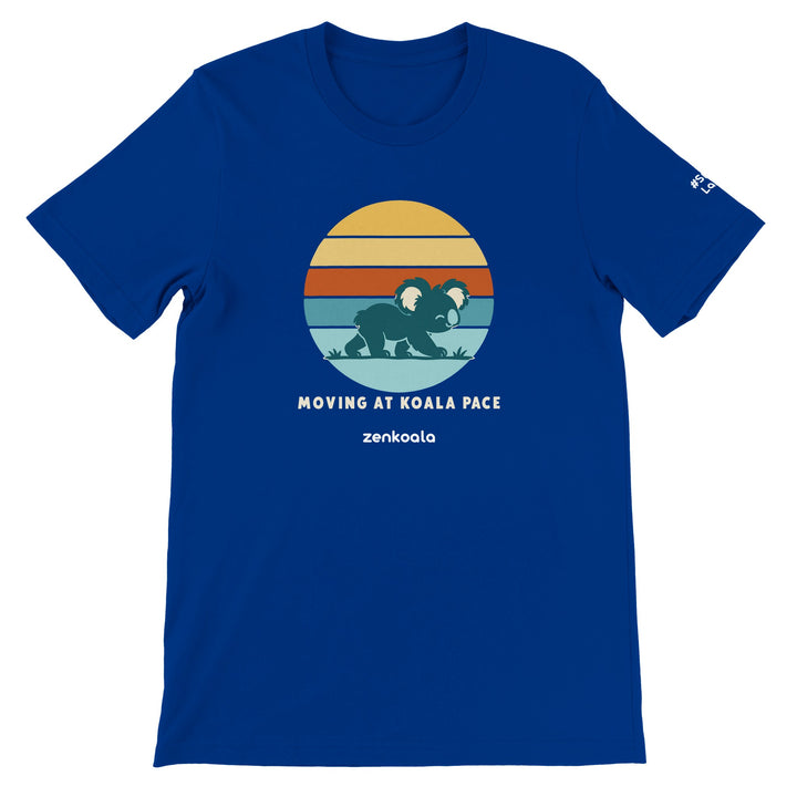 Moving at Koala Pace feel-good tee in true royal: a koala strolling across a retro sunset, Zen Koala Australia