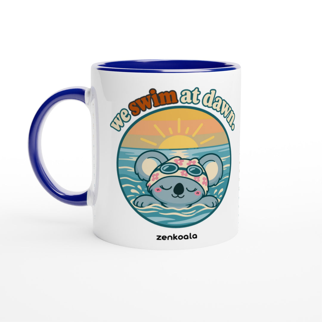 We Swim at Dawn feel-good mug: a koala swimming at sunrise, Zen Koala Australia