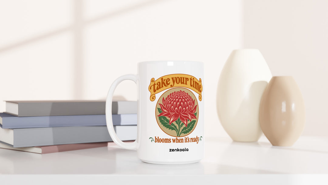 Take Your Time 15oz mug beside books and vases, Zen Koala Australia