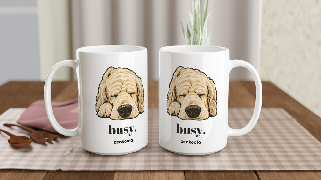 Two Busy 15oz mugs on a table, showing both sides of the design, Zen Koala Australia