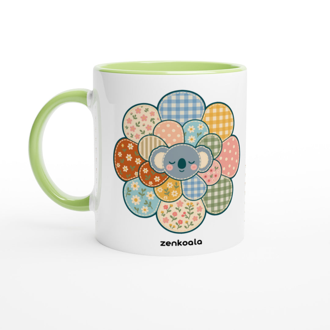 Zen Mandala Flower mug in green: white with a green rim, inside and handle, Zen Koala Australia
