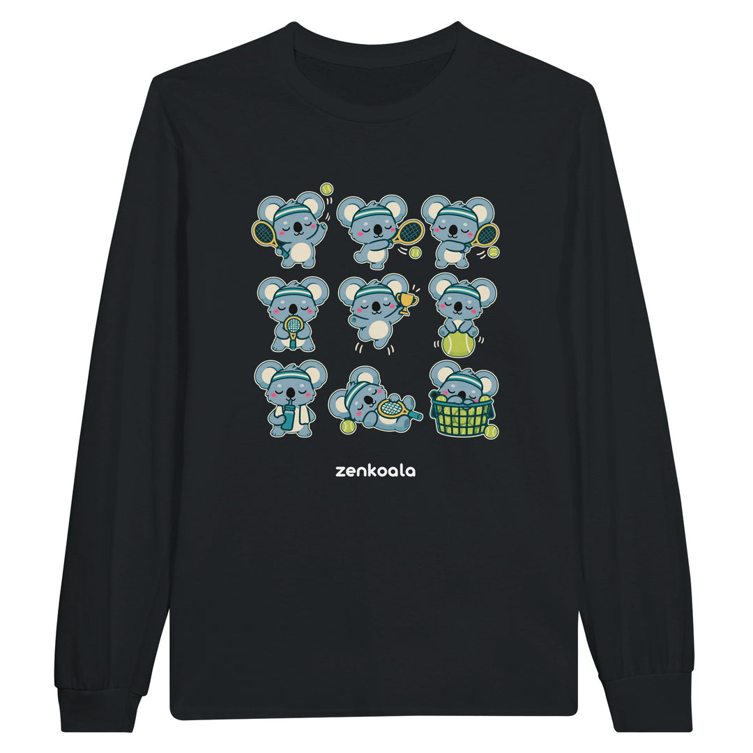 Tennis Koalas feel-good long sleeve tee in black, Zen Koala Australia