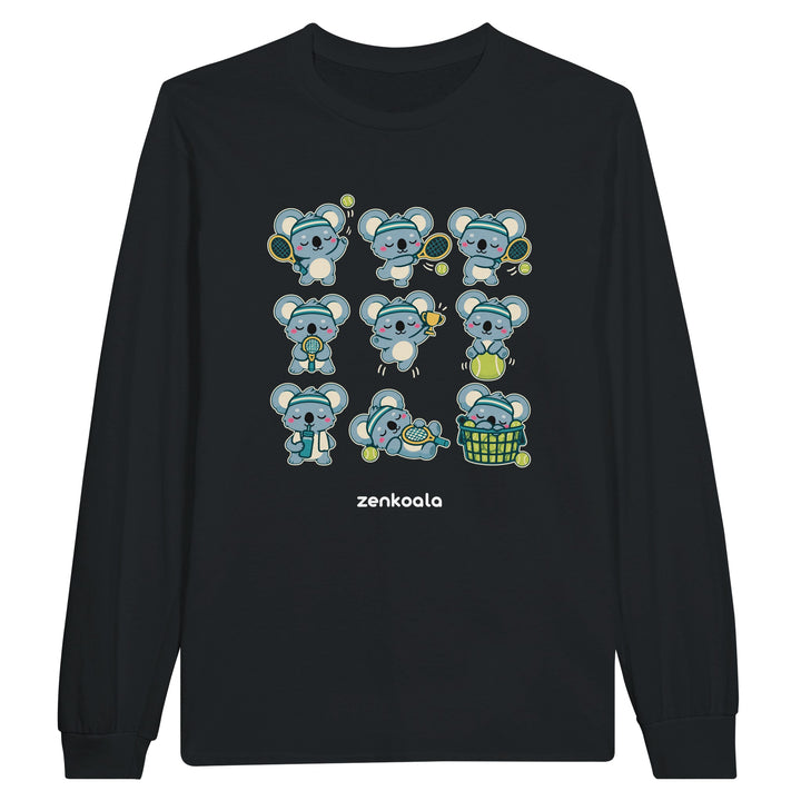 Tennis Koalas feel-good long sleeve tee in black, Zen Koala Australia