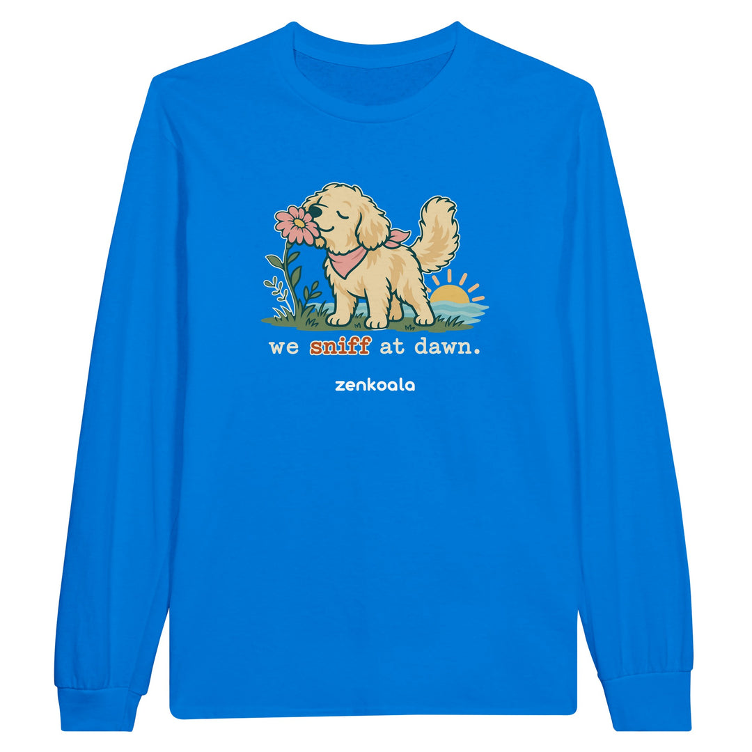 We Sniff at Dawn feel-good long sleeve tee in royal: a golden retriever sniffing a flower, Zen Koala Australia