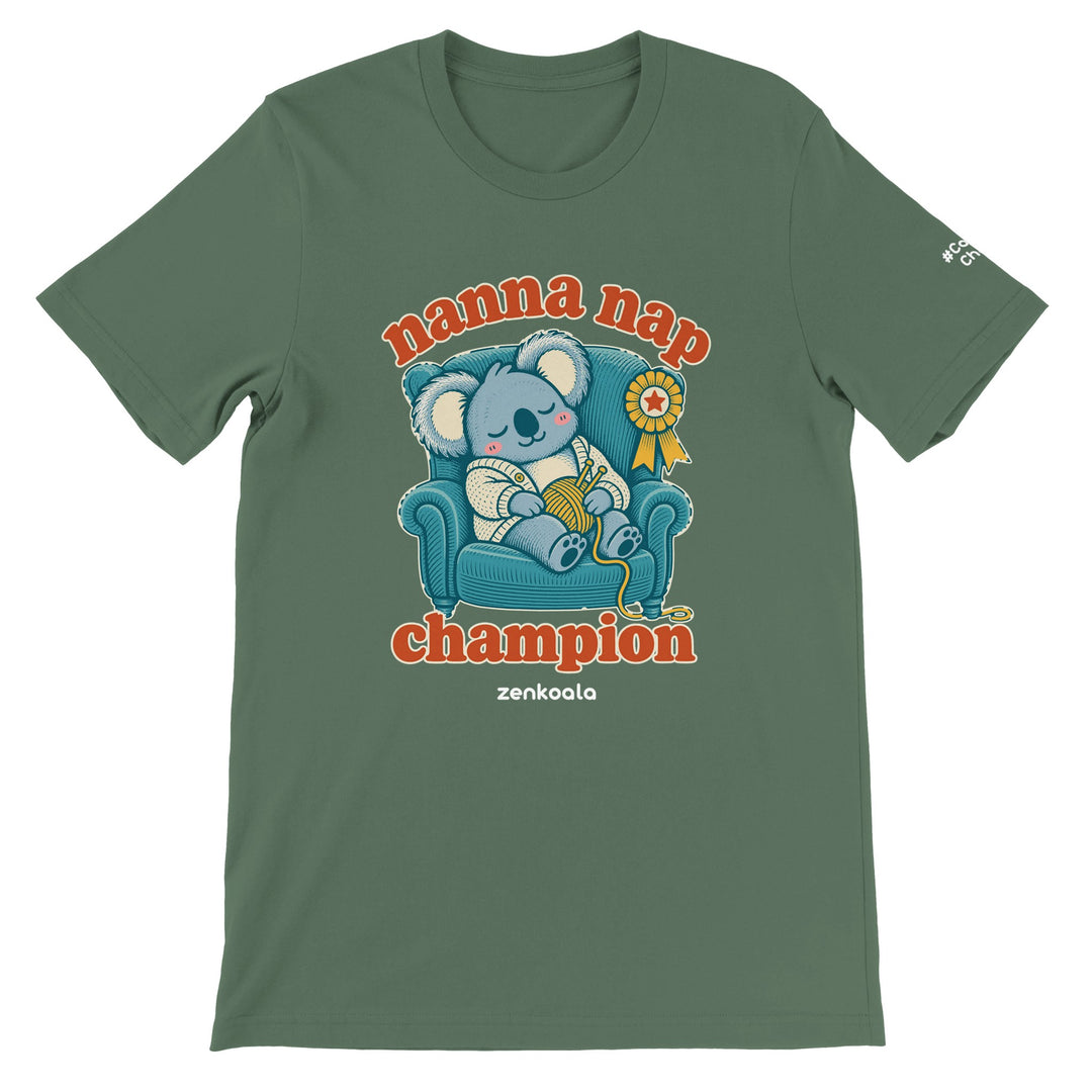 Nanna Nap Champion feel-good tee in military green, Zen Koala Australia