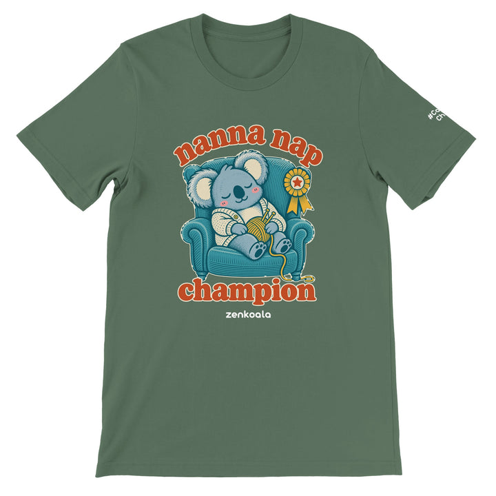 Nanna Nap Champion feel-good tee in military green, Zen Koala Australia