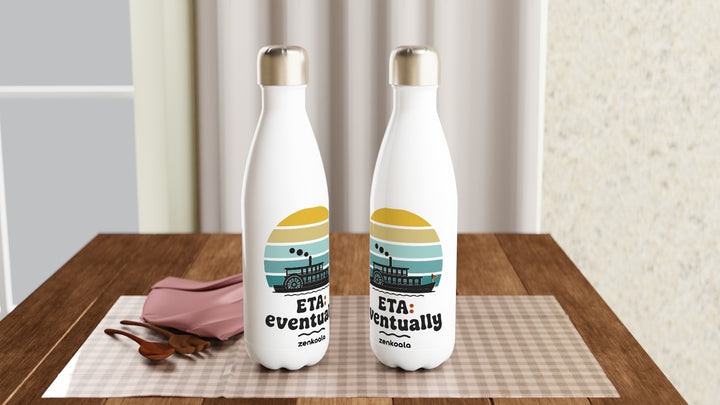 Two ETA Eventually water bottles on a table, Zen Koala Australia
