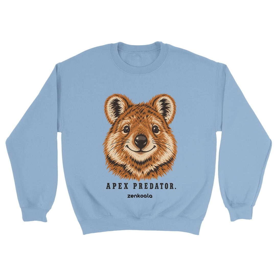 Apex Predator feel-good sweatshirt in light blue: a smiling quokka, Zen Koala Australia