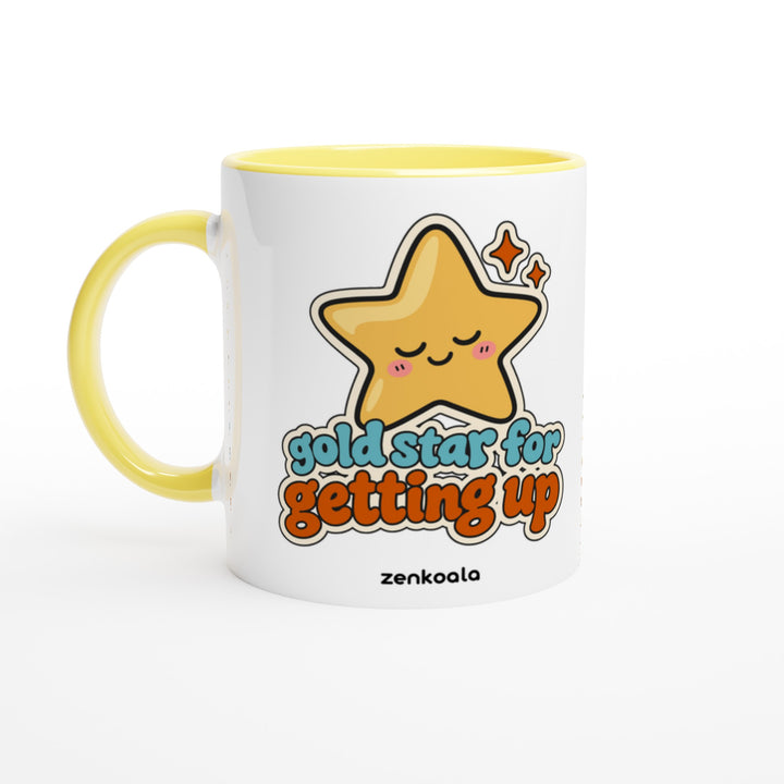 Gold Star for Getting Up mug in yellow: white with a yellow rim, inside and handle, Zen Koala Australia