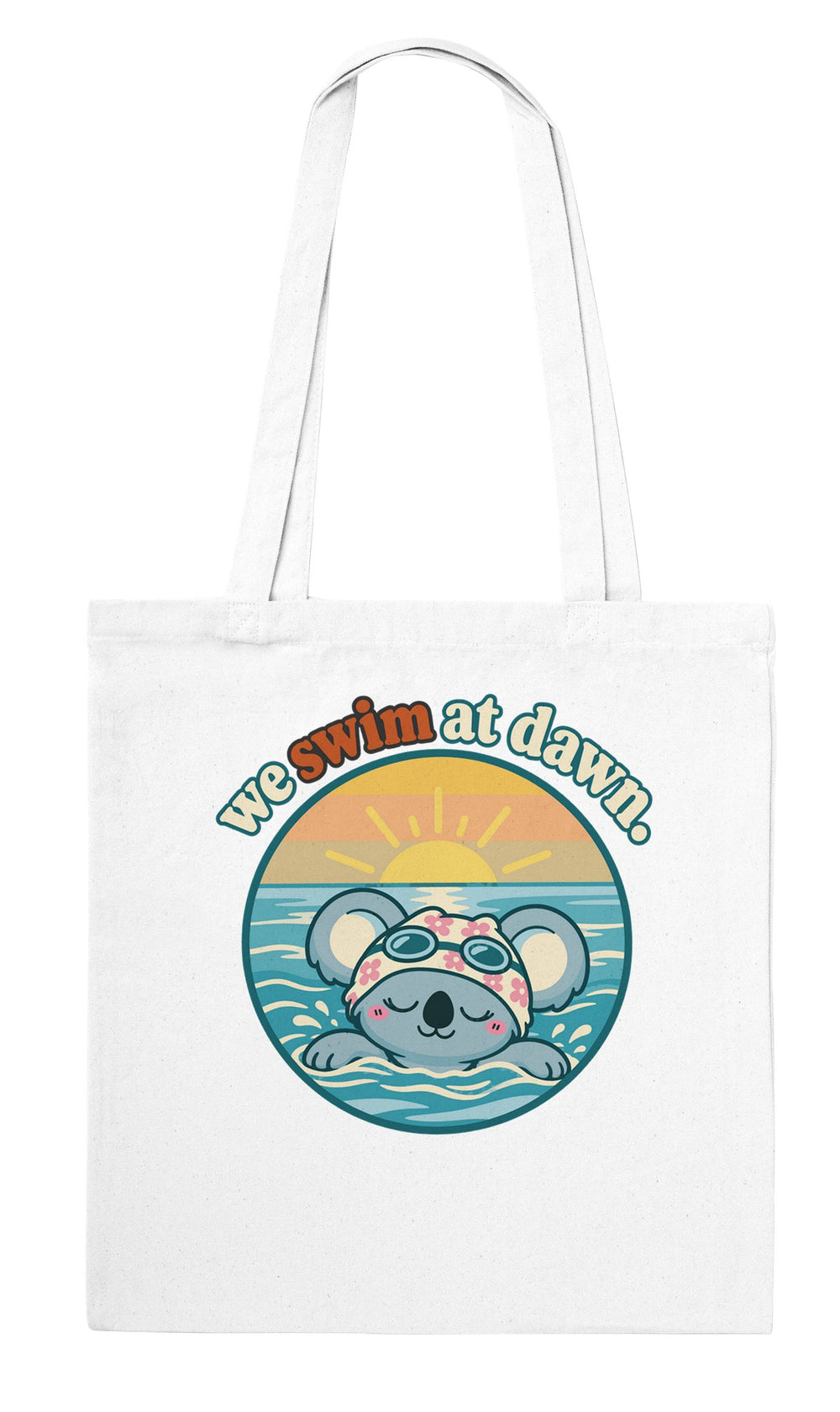 Back of the We Swim at Dawn tote bag: zenkoala.com.au, Zen Koala Australia
