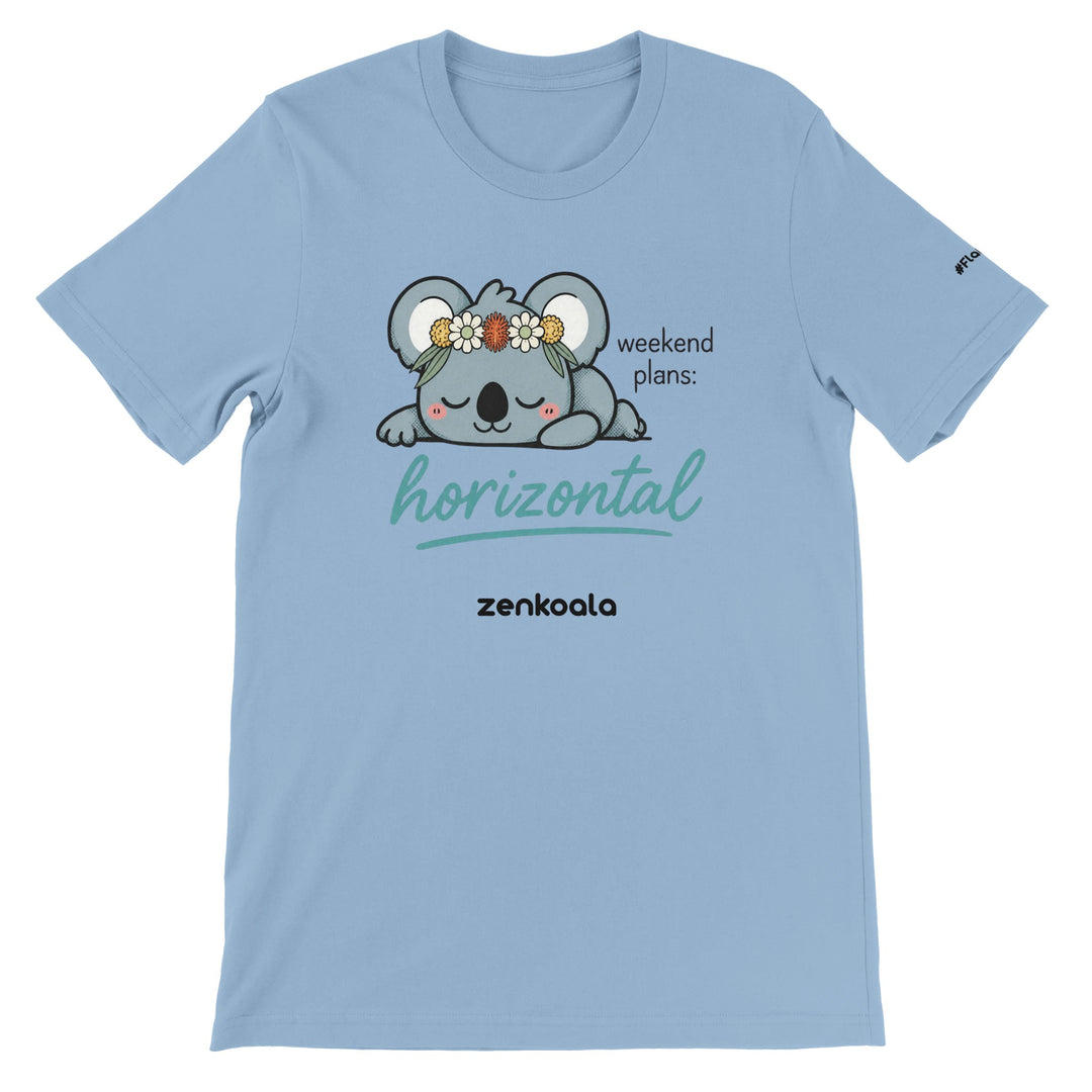 Weekend Plans Horizontal Koala feel-good tee in light blue — Zen Koala Australia