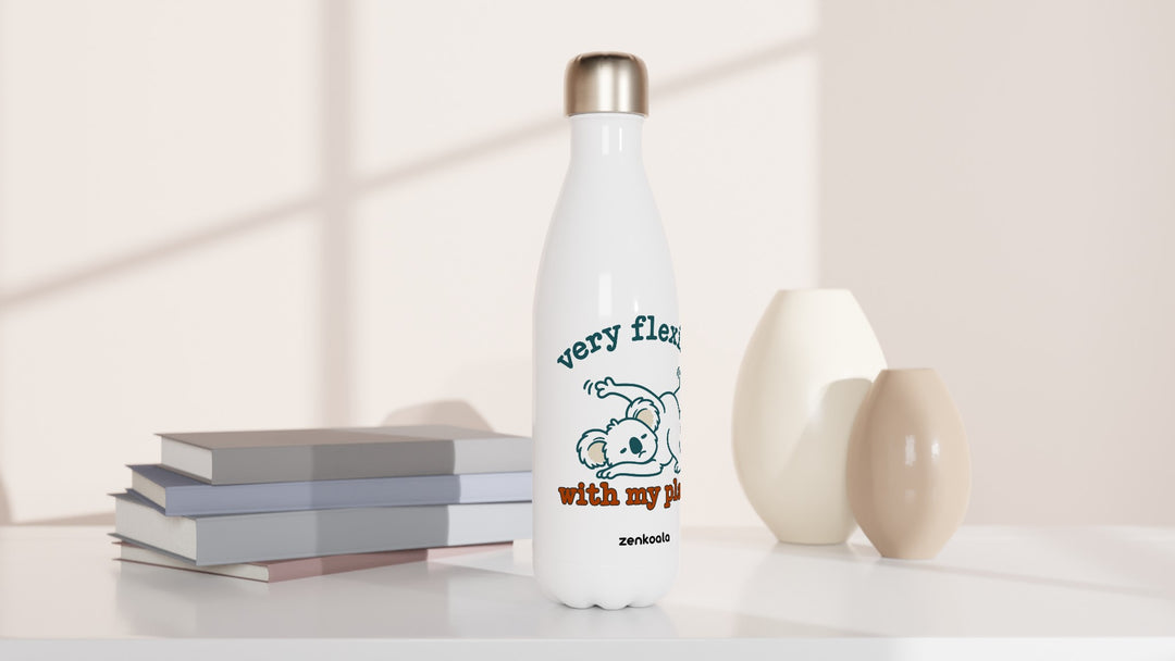 Very Flexible With My Plans water bottle beside books and vases, Zen Koala Australia