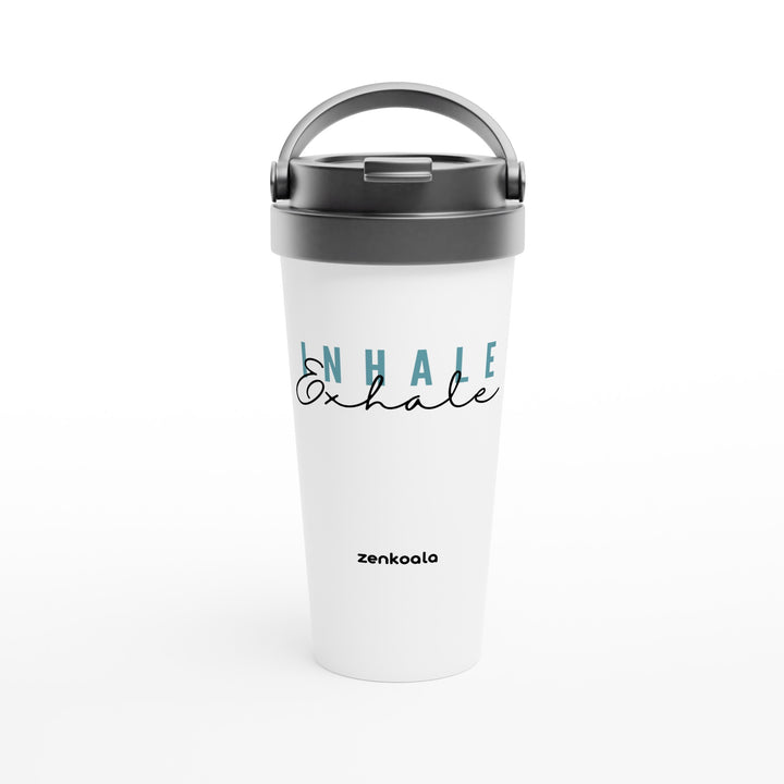 Exhale feel-good travel mug: inhale and exhale in two kinds of lettering, Zen Koala Australia