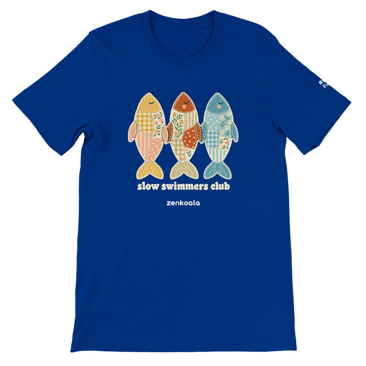 Slow Swimmers Club feel-good tee in true royal: three sleepy faux patchwork fish, Zen Koala Australia