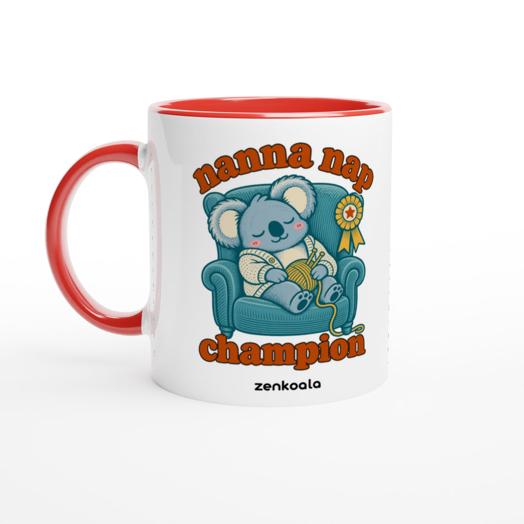 Nanna Nap Champion mug in red: white with a red rim, inside and handle, Zen Koala Australia