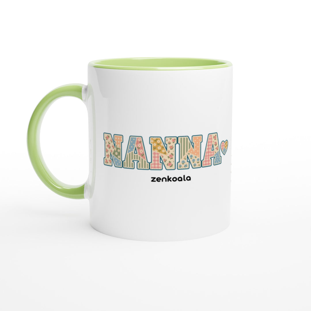 Nanna Faux Patchwork mug in green: white with a green rim, inside and handle, Zen Koala Australia