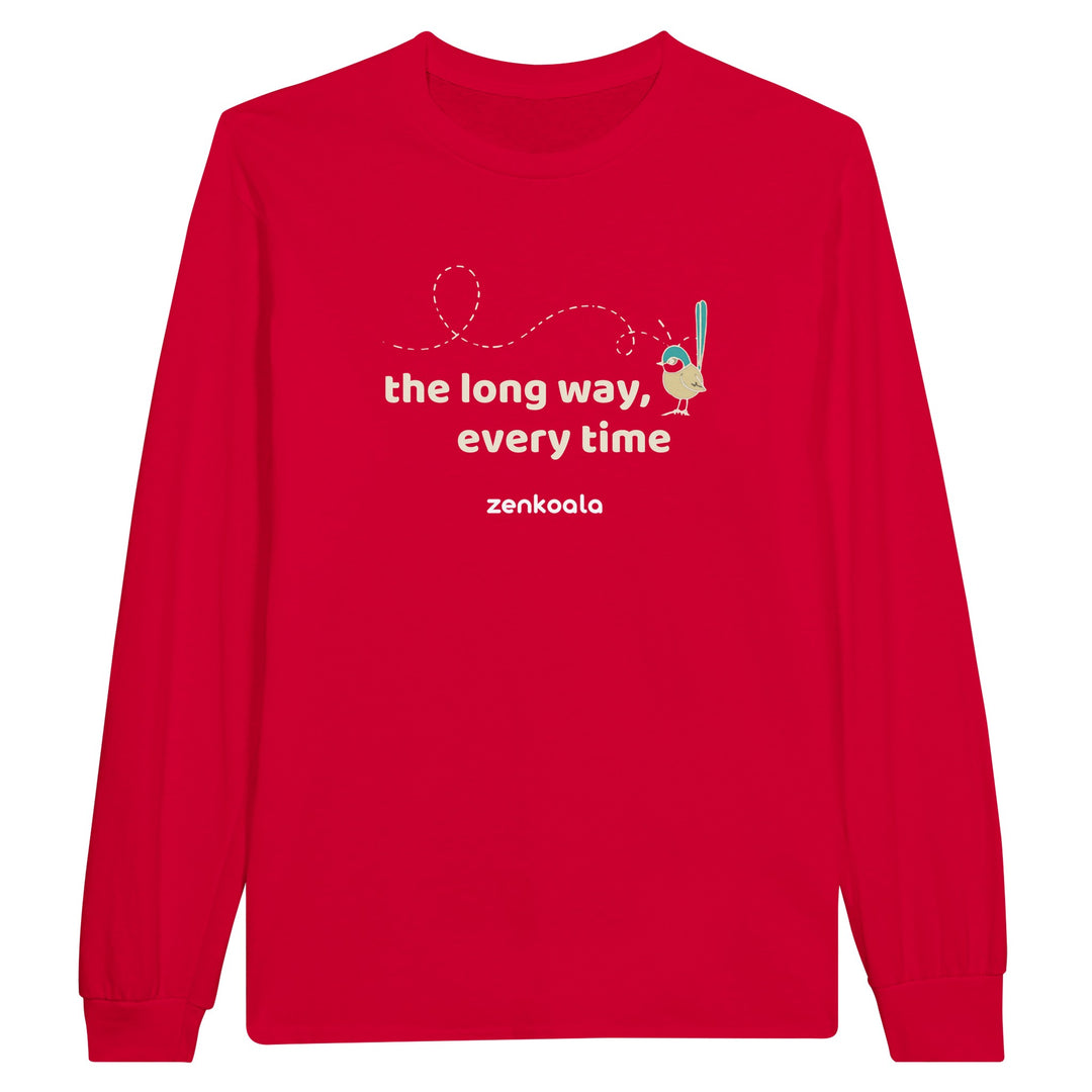 The Long Way Every Time feel-good long sleeve tee in red, Zen Koala Australia